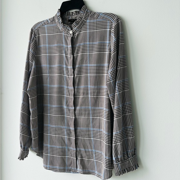 Ann Taylor Brown Blue Houndstooth Print Long Sleeve Button Up Top Large Petite - Picture 3 of 11